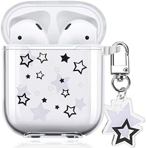 AirPod Case with Star Keychain, Cute Charms Star Pattern Design Clear Soft Protective Cover Compatiable with AirPods 2nd & 1st Generation Case