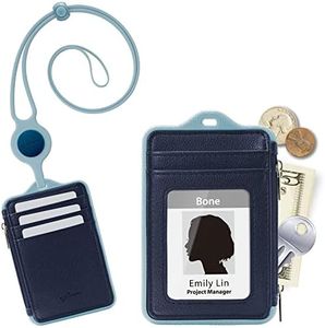 BONE Lanyard Wallet, Lanyards for ID Badge Holder with Zipper, Genuine Leather ID Holder with 4 Card Slots, 1 Clear ID Window and Side Pocket and 20 Inch Lanyard for Keys, Office ID (Morandi Blue)