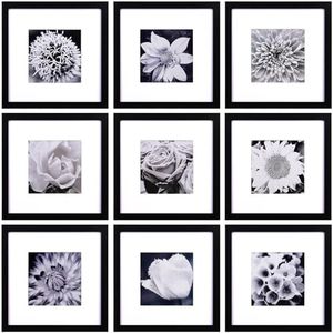 Yaetm 10x10 Picture Frames Black Set of 9, Square Photo Frame Displays 6x6 with Mat or 10x10 without Mat, Gallery Wall Frame Set, Multi Collage Frames for Wall Hanging