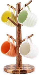 E-ROOM TREND Acacia Wood Mug Tree with Checkered Base, 6-Hook Coffee Mug Holder, Non-Slip Wooden Mug Organizer for Kitchen Countertop & Coffee Bar, Easy Assembly, Fits Small to Medium Mugs