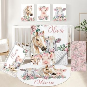 KAINSY Personalized Floral Animal Crib Bedding Set, 5 Pcs Custom Baby Crib Set with Name, Double Layer Nursery Bedding Set, Soft Baby Bedding Crib Set for Girls, Customized Gift for Toddler Infant
