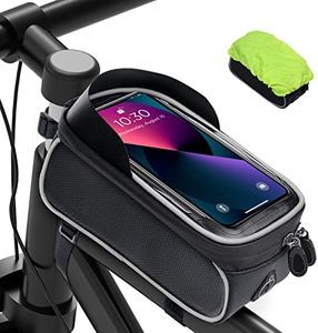 Soporte para teléfono de bicicleta impermeable – Bolsa de marco de bicicleta MTB con funda de lluvia para teléfono o bicicleta de montaña de gran capacidad, pantalla para smartphone bajo 6,8 pulgadas