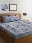 DECOMIZER Cotton Feel Glace Cotton Elastic Fitted Printed King Size Double Bed Bedsheet With 2 Pillow Cover 300 tcm Fits Upto 10 To 12 Inches Mattress,Size- 72X78X14 Inches,Grey Bale Leaves