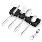 Vicloon Cutlery Set with Portable Pouch Case, 5PCS Stainless Steel Flatware Set with Bottle Opener, Travel Cutlery Set Spoon Knife and Fork for Camping Picnic Office School Lunch, Black