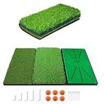 Golf Hitting Mat 24" X 24" 3 in 1 Tri-Turf with Tees and Foam Balls, Practice Chipping Matt Tapis de Training Foldable for Indoor Outdoor Backyard (New Mat+5 Rubber Tees+6 Balls+6 Plastic Tees)