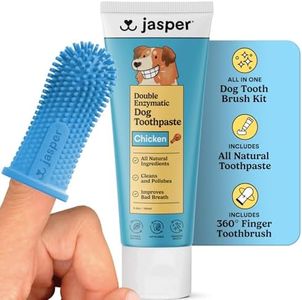 Jasper Dog Tooth Brushing Kit and Dog Toothpaste Kit 360 Dog toothbrush Enzymatic 360 Puppy and Plaque Remover Freshens Breath Natural Pet Toothpaste dog toothbrush and toothpaste 3.5oz Chicken Flavor