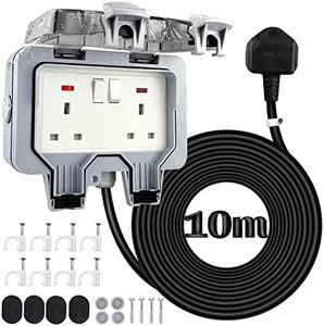 Weatherproof Outdoor Sockets with 10M/32FT Extension Cable, 2 Gang Outdoor Plug Box Socket Extension Lead Waterproof Double Socket Wall Electrical Outlets Box Socket 13A IP66 Outside Plug Sockets