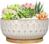 Fivepot 8 Inch Ceramic Succulent Planter Pots with Drainage Hole Flower Pot for Indoor Plants Round Shallow Bonsai Pot with Bamboo Tray White