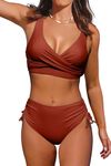 Beachsissi Women High Waisted Swimsuits Criss Cross Drawstring Side Bikini Sets Lace Up 2 Piece Bathing Suits, Brick Red, M