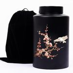 Ruccit Urn for Ashes Adult Large Black Memorial Decorative Cremation Ashes Urn Plum Blossom Bird Pattern Funerary Coffins Urn for Human Pet Dog Cat Ashes with Black Velvet Bag