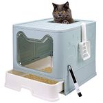 Foldable Cat Litter Box with Lid, Enclosed Cat Potty, Top Entry Anti-Splashing Cat Toilet, Easy to Clean Including Cat Litter Scoop and 2-1 Cleaning Brush (Blue) Large