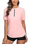 Halcurt UV Block Short Sleeve Rash Guard Women Surf Shirt Zip UPF Swim Shirt L Light Pink