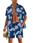 EISHOPEER Men's Hawaiian 2-Piece Short Set Cruise Wear Short Sleeve Button Down Shirts and Shorts Navy & Palm Leaf Large