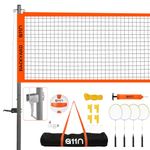 A11N Outdoor Volleyball and Badminton Combo Set - Includes Adjustable Height Anti-Sag Net, Volleyball, Air Pump, 4 Badminton Rackets, 2 Shuttlecocks, Boundary Line Marker, and Carrying Bag, Orange