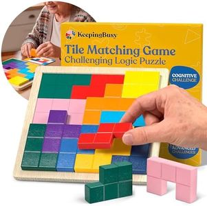Keeping Busy Wooden Tile Game (8"x8” Board) – 11 Colorful Pieces & 26 Templates – Durable Wooden Dementia Activities for Seniors – Improve Cognitive Functioning & Logic – Gift Idea for Elderly Adults