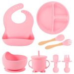 8 Pack Silicone Baby Feeding Set, BPA Free Baby Led Weaning Supplies includes Baby Divided Suction Plate, Suction Bowls, Adjustable Bibs, Cup with Straw, 2 Spoons, 2 Forks Toddler Eating Set(Pink)