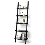 COSTWAY 4/5 Tier Wall Rack, Wooden Display Ladder Shelf, Bookcase Leaning Shelving Unit Organiser Flower Plant Stand for Living Room, Kitchen and Bathroom (Black, 57 x 32 x 189cm)