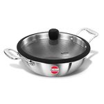 Hawkins Pro 3.5 Litre Shielded Nonstick Triply Deep-Fry Pan, Kadhai with Stainless Steel Handles and Glass Lid, Silver (PSNK35G), 26 cm|Induction and Gas Stove Compatible