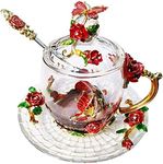 LANTREE Crystal Tea Cup Coffee Mug with Lid Saucer Spoon Birthday Christmas Gift for Women Friends Female Grandma Mum Sister Home Decoration(Short Red)