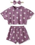 WESIDOM Toddler Girl Clothes Baby Girls Outfits 6M-5T Summer Floral Print Shirt+Shorts+Headband 3pcs Baby Clothing, Air Purple, 2-3 Years