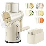 Navaris Rotary Cheese Grater w/ 5 Blades - Kitchen Vegetable Shredder for Cabbage, Carrot, Coleslaw, Cucumber - Handheld Food Slicer Graters - Retro Design with Storage Box, Cream