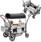 Rovique Wagon Stroller for 2 Kids,Premium Wagon for Kids with Removable Canopy, Snack Tray, Convertible Baby Bassinet, 5-Point Safety Harness, All-Terrain PU Wheels & Adjustable Push/Pull Handle,Grey