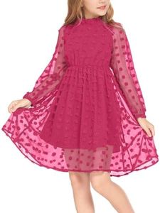 Flypigs Tween Girls Long Sleeve Fall Dresses Swiss Dot Casual Party Dress Hot Pink 12-13Years