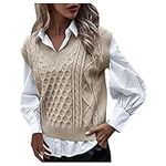 Sanahy Women Sleeveless Solid Color Knitted Sweater Vest Loose Streetwear Preppy Style Knitwear V Neck Crop Tank Top Casual Pullover(Khaki), S