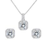 EleQueen Bridal Square Pendant Necklace Stud Earrings Set Dancing 925 Sterling Silver CZ Jewelry for Women,Party