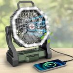 Roykaw Portable Fan for Travel, 10400 mAh Rechargeable Camping Fan, Cordless Battery Powered Fan with Led Light, with Handle, Hang Hook for Tent, Fishing, Army Green