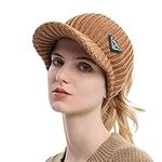 YAMEE Women Ponytail Beanies with Visor Winter Hats for Women with Ponytail Hole Messy Bun Beanie Cap Ear-Covering Hat (Brown)