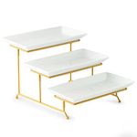 Gomakren 3 Tier Serving Stand with Porcelain Serving Platter Tray - Collapsible Gold Stand with 3 Piece Large14 Inch White Plates for Food Presentation Dessert Server Display and Entertaining