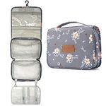 VEXTROFORT Toiletry Bag for Women, Large Hanging Travel Makeup Bag Water-Resistant for Toiletries/Cosmetics/Brushes, Blue Flower, Expandable Travel Hanging Makeup Bag (Large, Grey Flower)