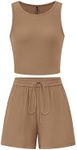 PRETTYGARDEN Womens 2 Piece Summer Outfits 2025 Casual Lounge Matching Sets Ribbed Knit Sleeveless Tank Tops and Shorts(Camel,Small)