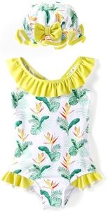 PATPAT Swimsuit for Girls Floral Print Ruffles Bathing Suits One Piece Swimwear with Headband, Yellow, 3 Years