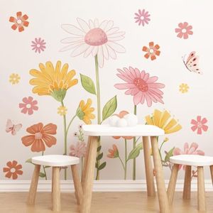 LOONELO Boho Flower Wall Decals, Daisy Butetrfly Window Wall Stickers, PVC Waterproof Floral Retro Wall Art Clings for Bedroom Living Room TV Wall Office Wall Decor Home Decoration (BOHO01)