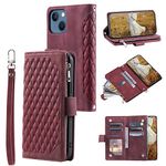 QLTYPRI Wallet Case for iPhone 14(6.1 inch),Luxury Quilted PU Leather Wallet Case with Card Slots for Women,Magnetic Zipper Purse Case with Wrist Strap Kickstand Shockproof Flip Cover-Wine Red