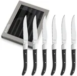 Amefa Royal Steak Knives, Set of 6, Premium Hardened Stainless Steel, Triple Rivet Black Ergonomic Handle Design, Serrated Edge 4 Inch Blade Steak Knife, Dishwasher Safe.