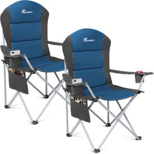 SUNMER Padded Folding Camping Chairs, Set of 2 – Cup Holder, Side Pockets, Dark Blue