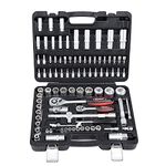 Eastman Tool Kit Ratchet 1/2 Inch & 1/4 Inch Sq. Drive 94 Pcs Socket & Bit Set, Tool Kit, Chrome Vanadium Steel, Knurled Sockets, Satin Finish, Heavy Duty Gripped Handle Ratchet, Metal Latch- E-2301