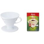 HARIO V60 Plastic Coffee Dripper, White, Size 2 & Melitta 6658076 Pack Original Size 1x4, 80, Filter Coffee Makers, Brown, Paper