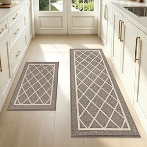 BEQHAUSE-Kitchen-Rugs-Non-Slip-Kitchen-Mats-for-Floor Machine Washable Kitchen Rugs 2 Pieces Brown Kitchen Runner Carpet with TPR Backing, Rolled Packaging, 50X76cm+50X122cm