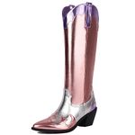 YIYA Women's Multicolor Metallic Pink and Orange Cowgirl Cowboy Knee High Boots Pointed Toe Chunky Block Heel Western Boots Vintage Pull On Tabs Mid Calf Boot, Pink, 5 UK