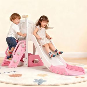 ADVWIN 6 in 1 L-Shaped Toddler Slide Indoor Baby Slide with Basketball Hoop and Telescope Kids Playset Outdoor Backyard Playground with Storage Space, Pink+White