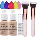 PHOERA Foundation Makeup for Wome Full Coverage Foundation Set,Face Primer Foundation Brush Powder Brush,5 Makeup Sponge,30ml PHOERA 24HR Matte Oil Control Concealer (102 Nude)