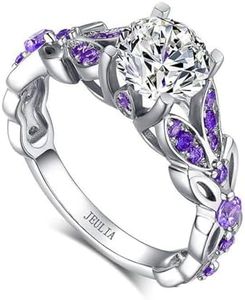 Jeulia 4.3 Carat Personalized Sterling Silver Butterfly Rings for Women Purple Amethyst Birthstone Bridal Rings Set Round Cut Wedding Engagement Promise