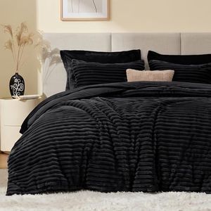 EXQ Home Fluffy Comforter Set Queen Size - Super Soft Faux Fur Stripe Jacquard Comforter 3 Pieces, Black Fleece Bedding Set,Winter Warm Bed Set,1 Comforter with 2 Pillowcases