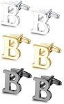 LOLIAS 3 Pairs Cufflinks For Men Personalized Initial Cuff Links Mens Letter CuffLinks for Casual to Formal with Gift Box Silver Black Gold Cufflinks Set for Father Husband Groom,Letter B