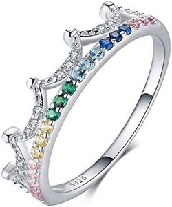 Qings 925 Sterling Silver Crown Ring with Colorful CZ Princess Wedding Ring Queen Band Tiara Eternity Cubic Zirconias Ring Jewellery Gifts For Valentines Birthday Promise Day Women Ladies