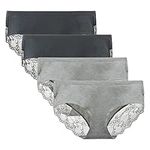 LIQQY Women's 4 Pack Mid Rise Cotton Lace Full Coverage Brief Hipster Panty Knickers Underwear (Black/Heather Gray, Medium)